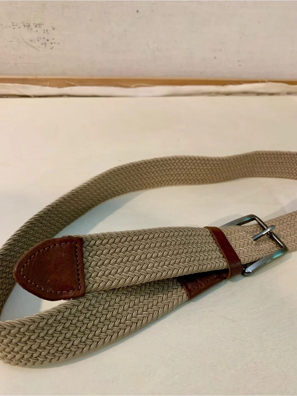Tommy Bahama Beige Woven Belt with Brown Leather Trim, S/M